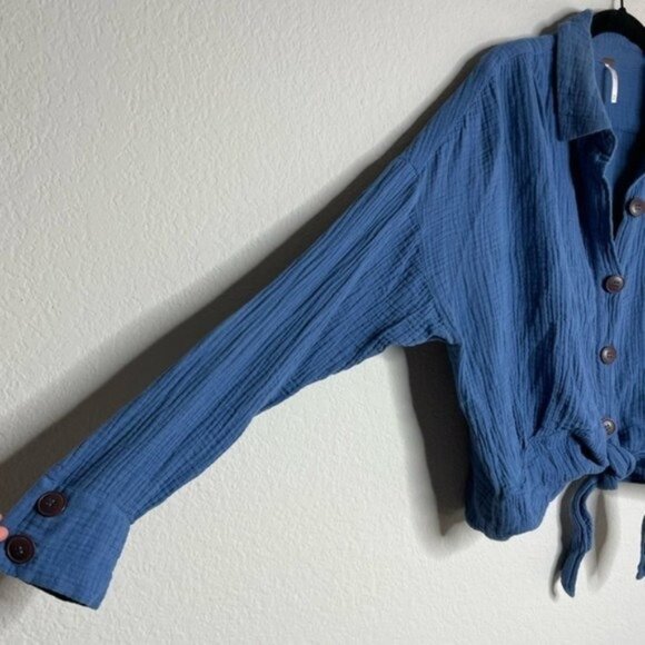 Free People Sunstreaks Gauze Blue Tie Front Shirt Top M - Picture 3 of 8